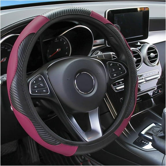 Car Steering Wheel Cover, 15 inch Carbon Fiber Microfiber PU Leather Elastic Steering Wheel Protector for Men Women, Anti-Slip Breathable Car Interior Accessories for Most Cars (Wine Red)