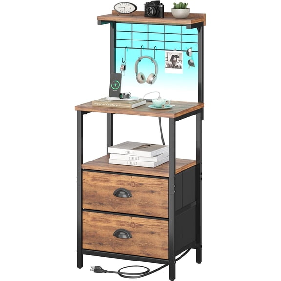 Tall Nightstands with  Station,  Night Stand Bedsides with 2 Fabric Drawers,Hooks, Port and Open Storage Shelves,Tall End Table Bedside for ,Office, Rustic Brown