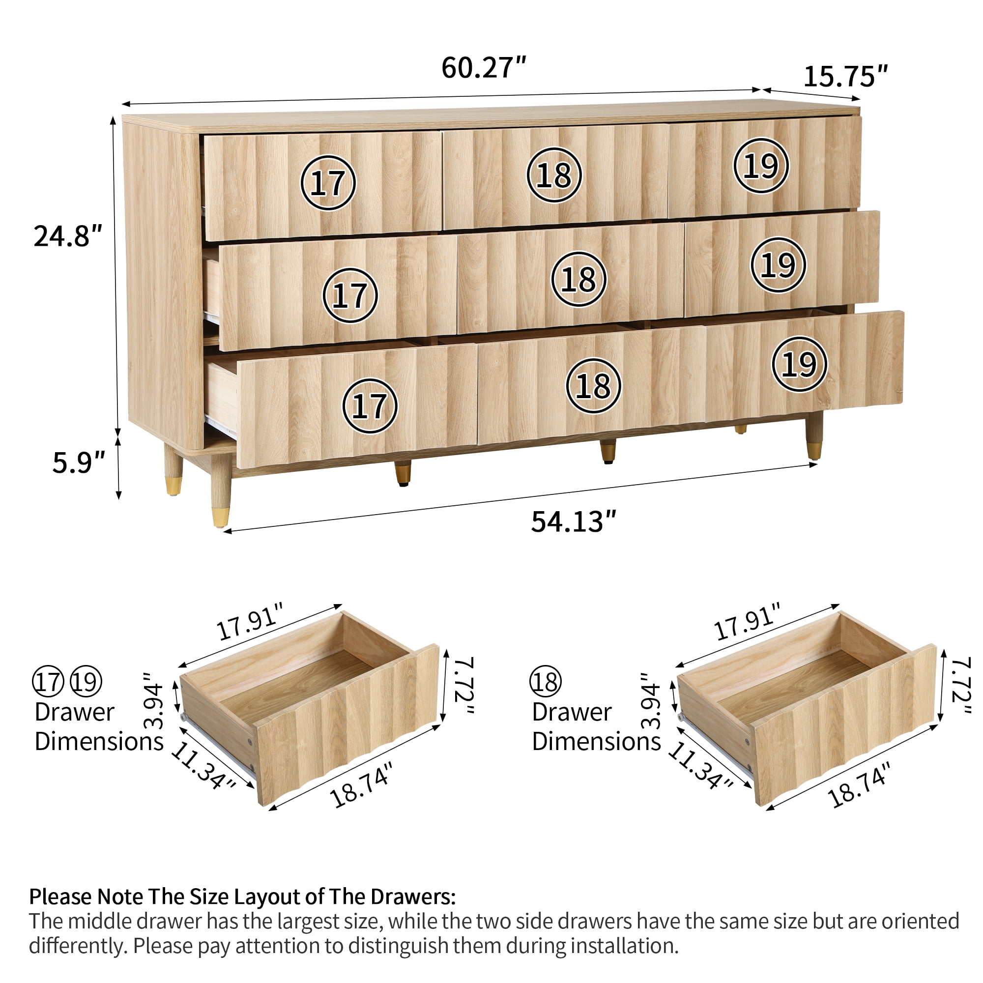 LEFHDA Fluted 9-Drawer Dresser for Bedroom with Deep Drawers, 60" Wide Mid Century Modern Chest of Drawers, Wooden Dresser TV Stand for Living Room, Hallway, Closet (Oak)