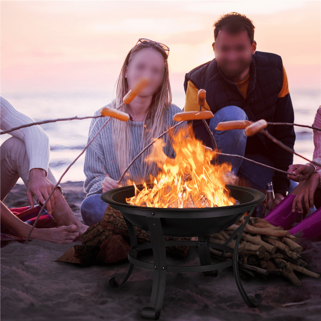 Yaheetech Foyer Extérieur Rond de 22 Pouces avec Couvercle à Écran en Maille, Tisonnier, Grille à Bûches pour Patio, BBQ, Camping, Feu de Camp