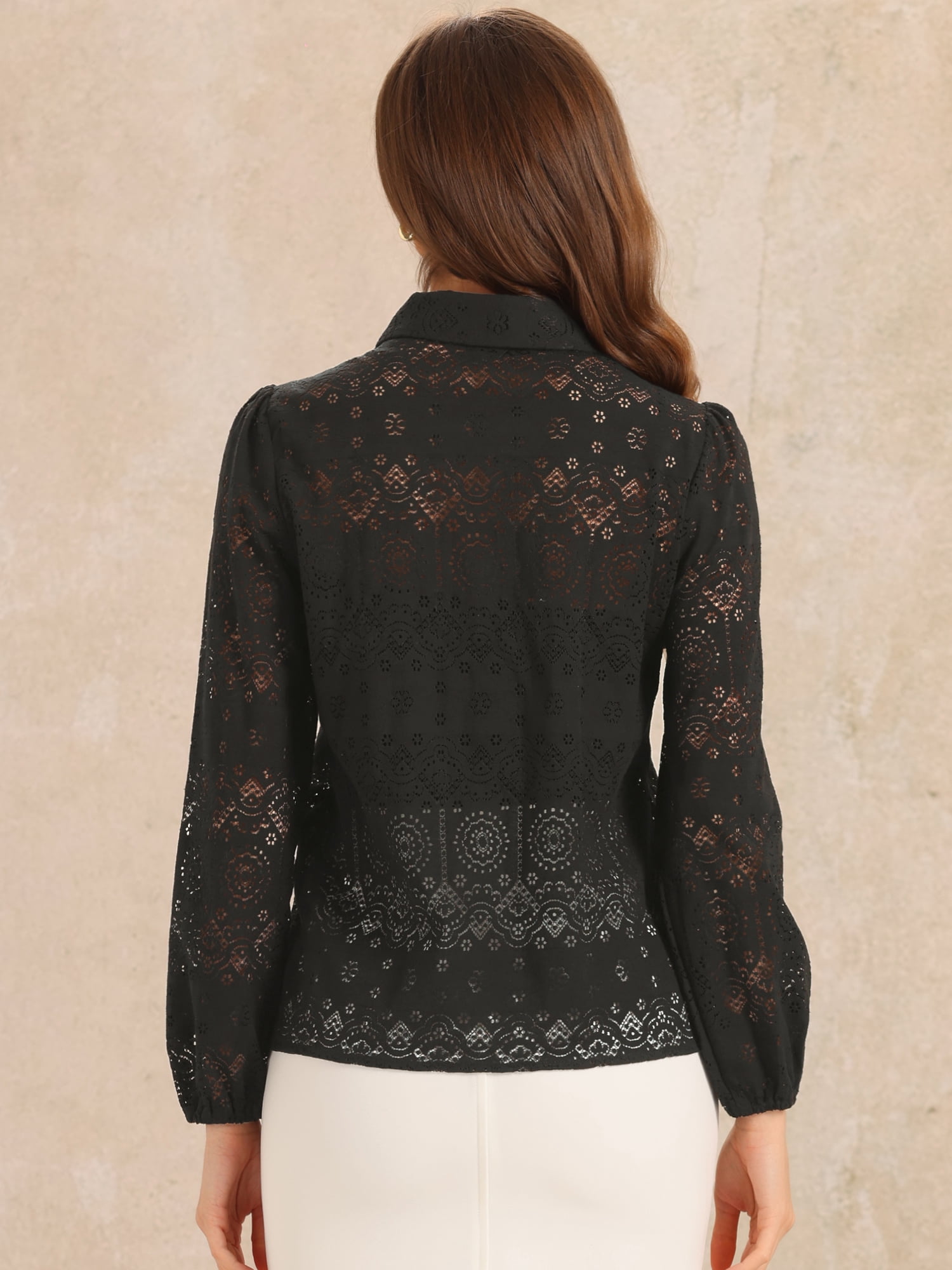 DARING DIVA Women's Eyelet Hallow Out Lace Sheer Button Down Shirt XL Black