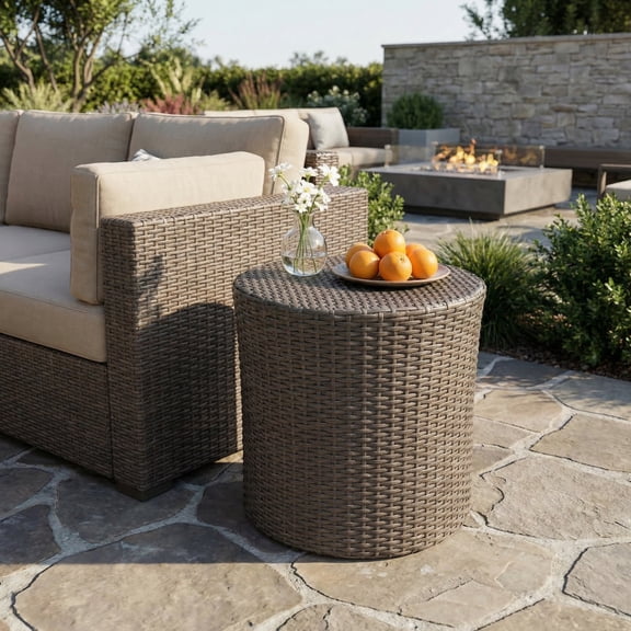 Outdoor Woven Barrel Shape Side Table, Unique Design Accent Table for Patio Garden, Grey