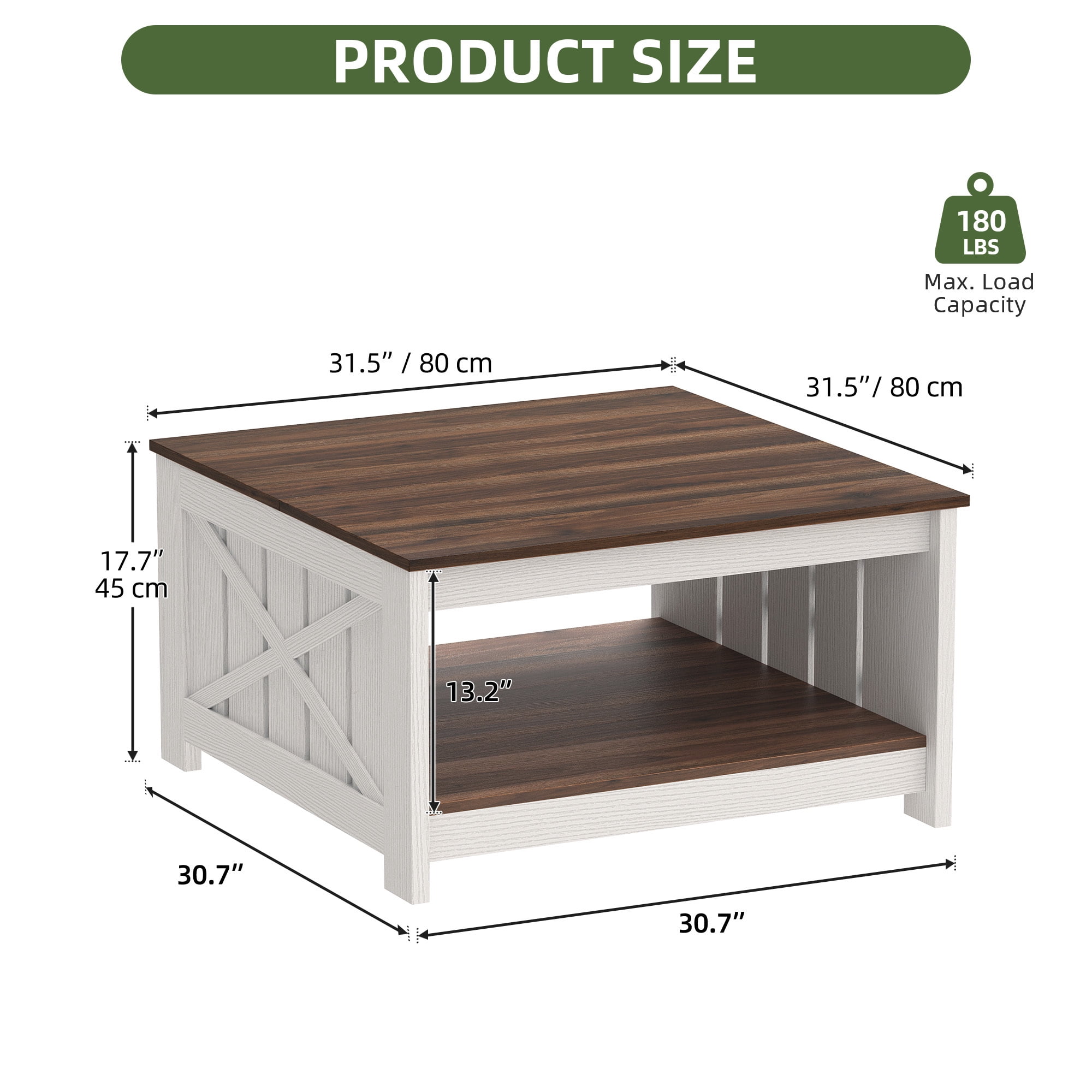 Uforic Rustic Farmhouse Coffee Table with Half-Open Storage, Square Rustic Wood Cocktail Table for Living Room, Brown with White
