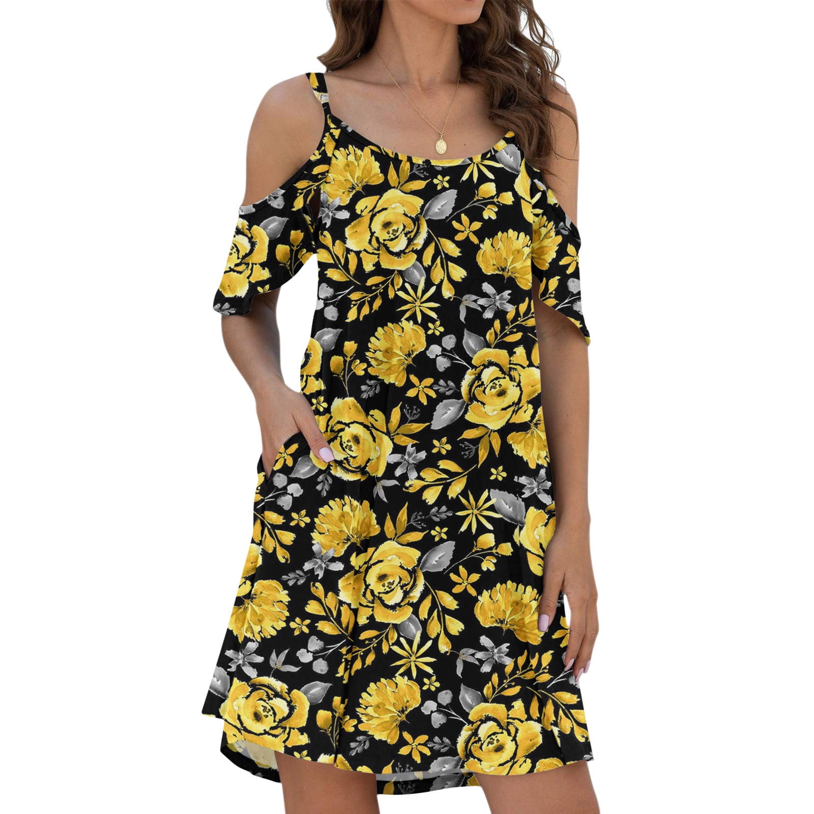 Womens Dress Cinched Waist Dress Women Summer Sexy Spaghetti Strap Dresses Sundress Cold Shoulder Ruffle Sleeve Casual Dress Adult Female Clothes Yellow Size XL Walmart