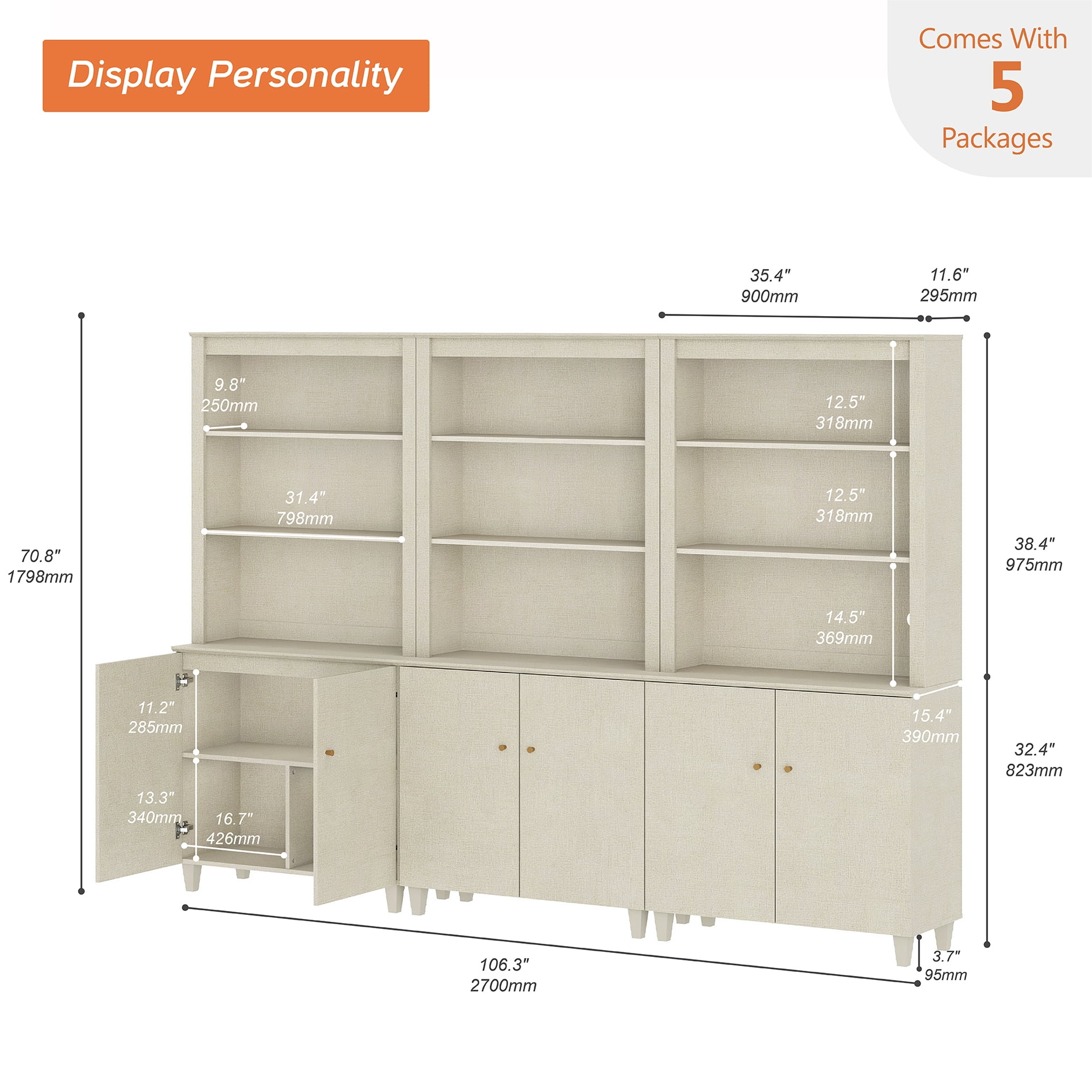 Modern 71" Tall Bookcase with Cabinets, 3 Columns 5-Tier for Home Office,Beige Linen Printed