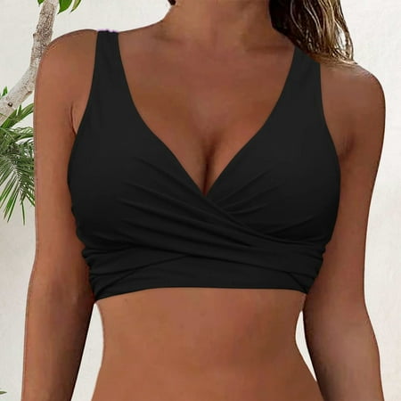 Dorinao Women s Bikini Top V Neck Wrap Look Bralette Swimwear Sports Bikini Halterneck Bikini Swimwear Vacation Swimsuits Summer Beach Bikini Top  Black  XL