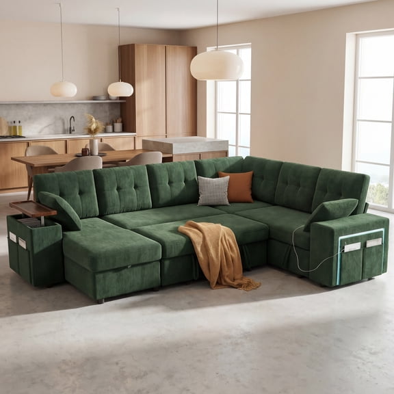 7-Seat Modular Sectional Sofa with Pull-Out Bed, Reclining Backrest, USB Ports, Table, LED Lights & Storage Seats – Tool-Free Assembly, Comfortable Living Room Furniture Green