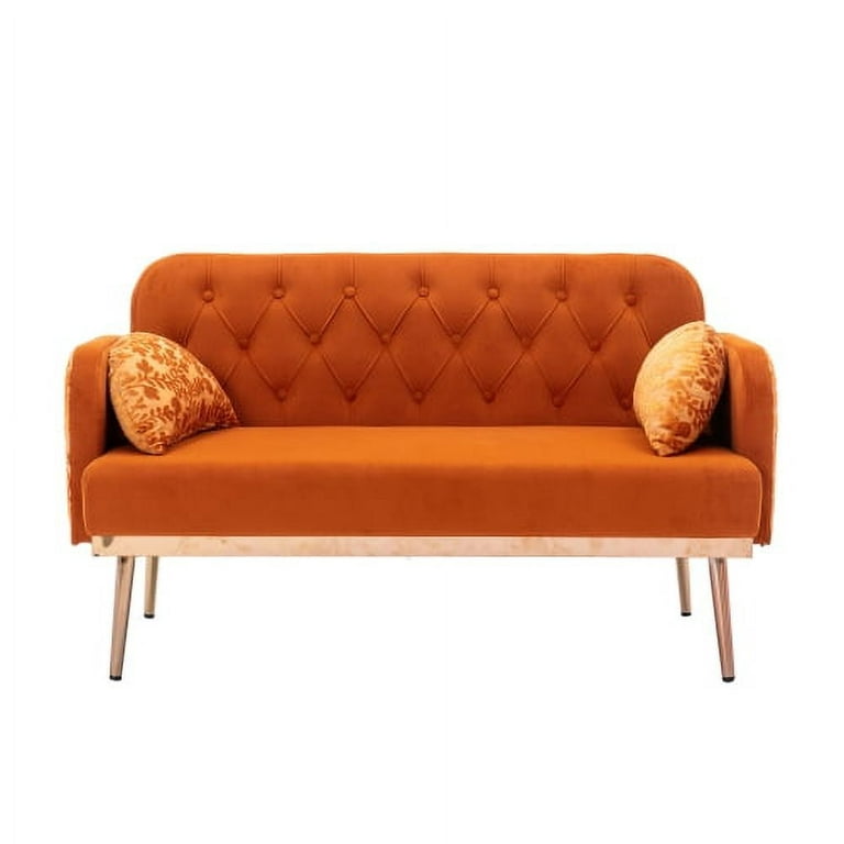 Twin Accent Loveseat Sofa Mid Century Modern Velvet Couch With Pillows Metal Feet Vintage For Small E Living Room Bedroom Orange Com