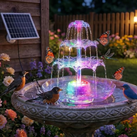 Solar Fountain Pump with Panel 3-Tier Bird Bath Fountain 7 Colors RGB Light 1800mAh Battery 9.8ft Cord Outdoor Garden Water Feature