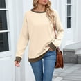 thumbnail image 2 of ManxiVoo Women's Crew Neck Long Sleeve Loose Fit Top Color Trim Detail Soft Comfortable Sweatshirt Alternative Casual Chic Style L Size Beige, 2 of 9