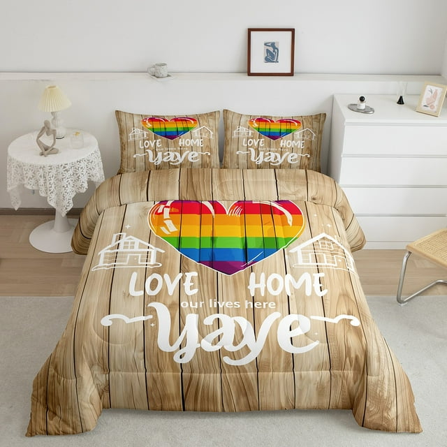 YST Pride Decorations for Home, Love Home Pride Day Comforter Set Lgbt Sign Decor Bedding Comforter Sets Rainbow Pride Wodden Style Bedding Sets with 2 Pillowcases Full