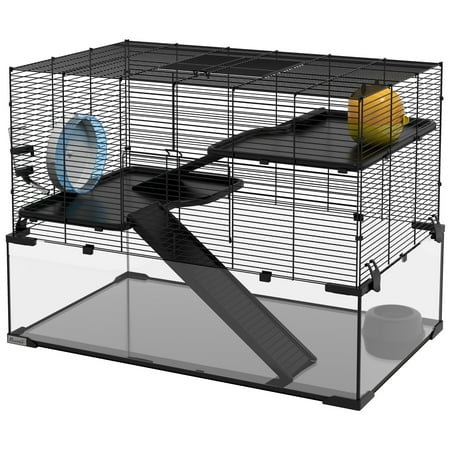 30" Hamster Cage, Gerbil Cage with Glass Basin for Small Hamsters, Black
