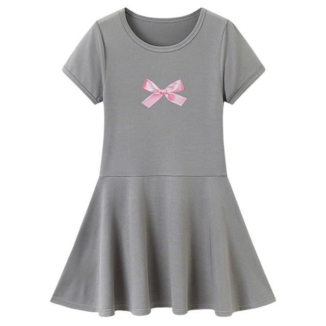 vigerkar Robes pour Petites Filles Coton Été Vacances Mignonne Robe Chat Manches Courtes (Gris, 6-7 Ans)