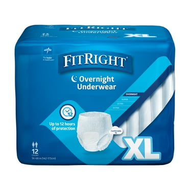 FitRight Overnight Unisex Extra Large Underwear, (56-68 in Waist) 12 Count, Maximum All Night Disposable Incontinence Protection, Pull-On Absorbent Underwear for Men and Women, 1 Bag