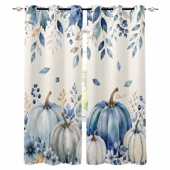 Teal Blue Pumpkins Fall Blackout Curtains Light Blocking Print Window Curtains, Thanksgiving Weeping Floral Thermal Insulated Window Drapes for Living Room Kitchen Cafe (2 Panels, 55"W x 39"L)