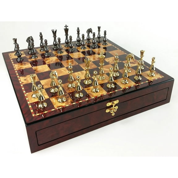 BRASS METAL Spike Qn Staunton Chess Set Gold  Black Cherry Color Storage Board