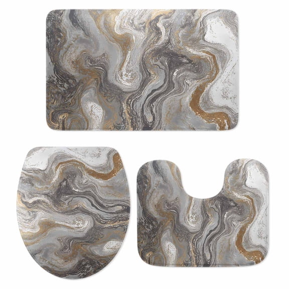 Gray Marble Bath Mat 3 Piece Bathroom Rug Set, Farmhouse Vintage Abstract Ombre Texture Non Slip Bath Rug Contour Mat and Toilet Lid Cover, Absorbent Shower Mats Soft Bath Rugs and Mats Sets