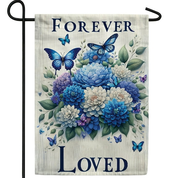 America Forever Forever Loved Garden Flag, 12.5 x 18 inches Double Sided, Blue Flowers Funeral Gifts Memorial Flags Remembrance Bereavement Sympathy Decorations for Grave Outdoor Saying Cemetery Flag