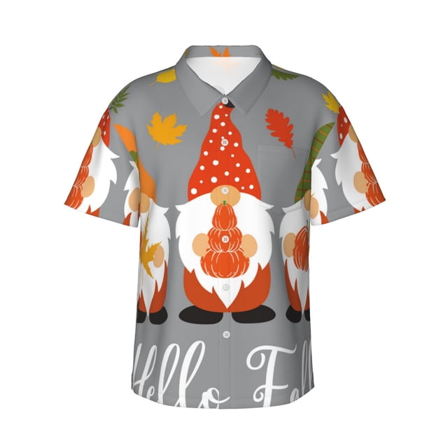 Fotbe Hello Fall Gnomes Camisa Hawaiana para Hombre Unisex – Camisa Casual de Verano con Botones de Manga Corta de Algodón y Lino,Small