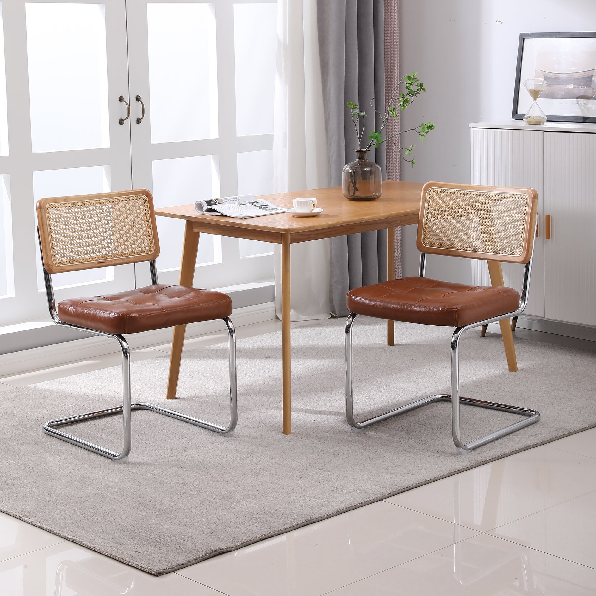 Kadyn PU Dining Chair Set of 2, Kitchen Chairs with Rattan Backrest for Living Room, Brown Kadyn PU Dining Chair Set of 2, Kitchen Chairs with Rattan Backrest for Living Room, Brown