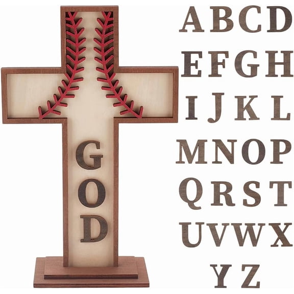 Wood Baseball Cross Ornaments for Craft Tabletop Cross Standing with 26 Letters Baseball Gift Baptism Table Centerpiece for Easter Party Celebrations Decoration Sunday School 10.4x6.5inch