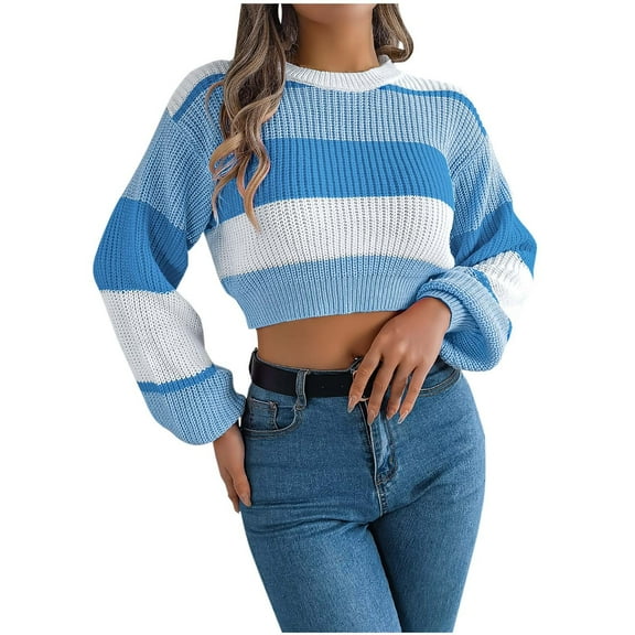 Wyobmus Womens Round Neck Sweaters Casual Color Block Cropped Sweaters Lantern Long Sleeve Pullover Midriff-Baring Sweater Blue