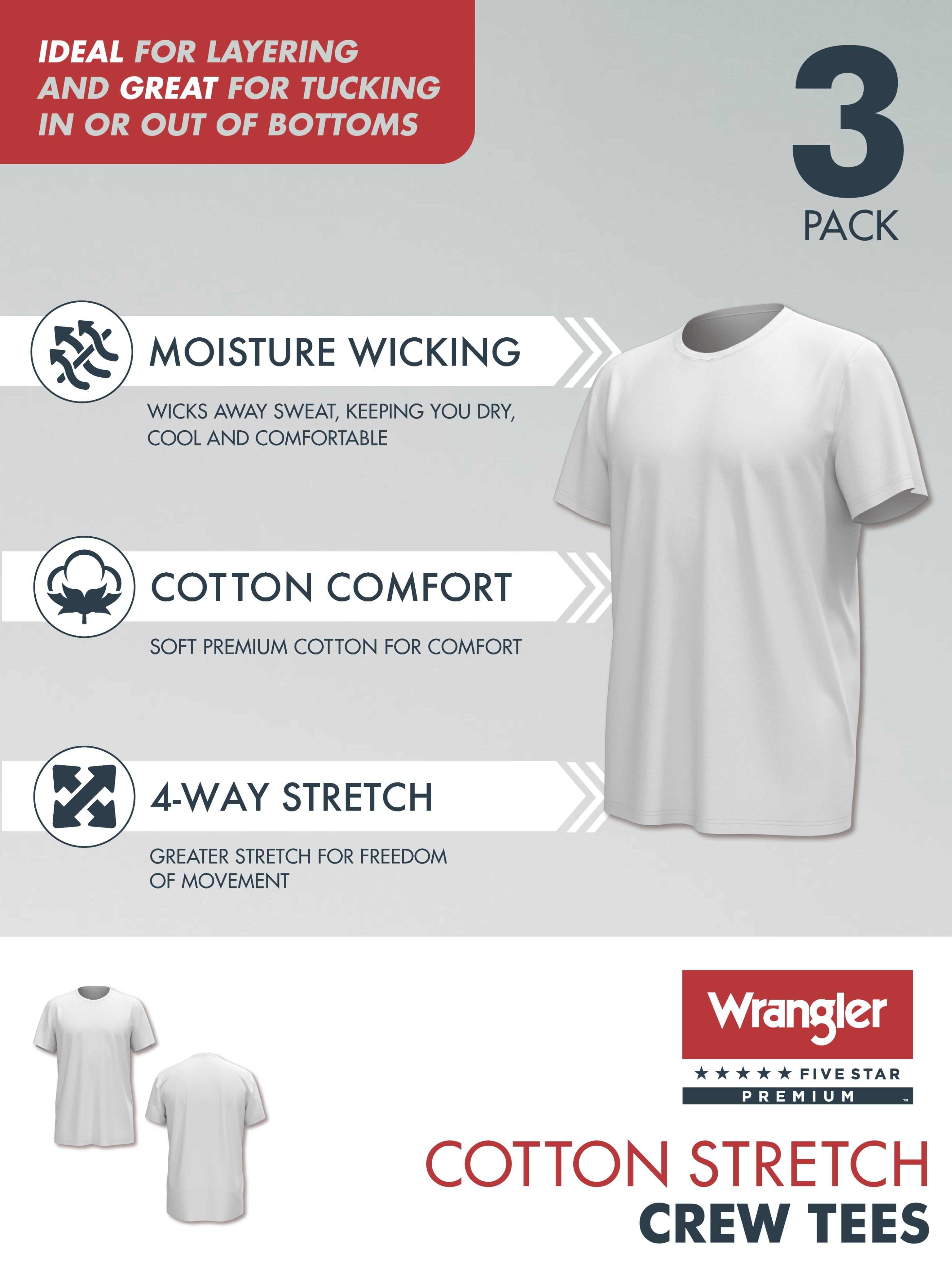 Wrangler Undershirt Men's Cotton Stretch Crew Neck Undershirt, XL, 3-Pack