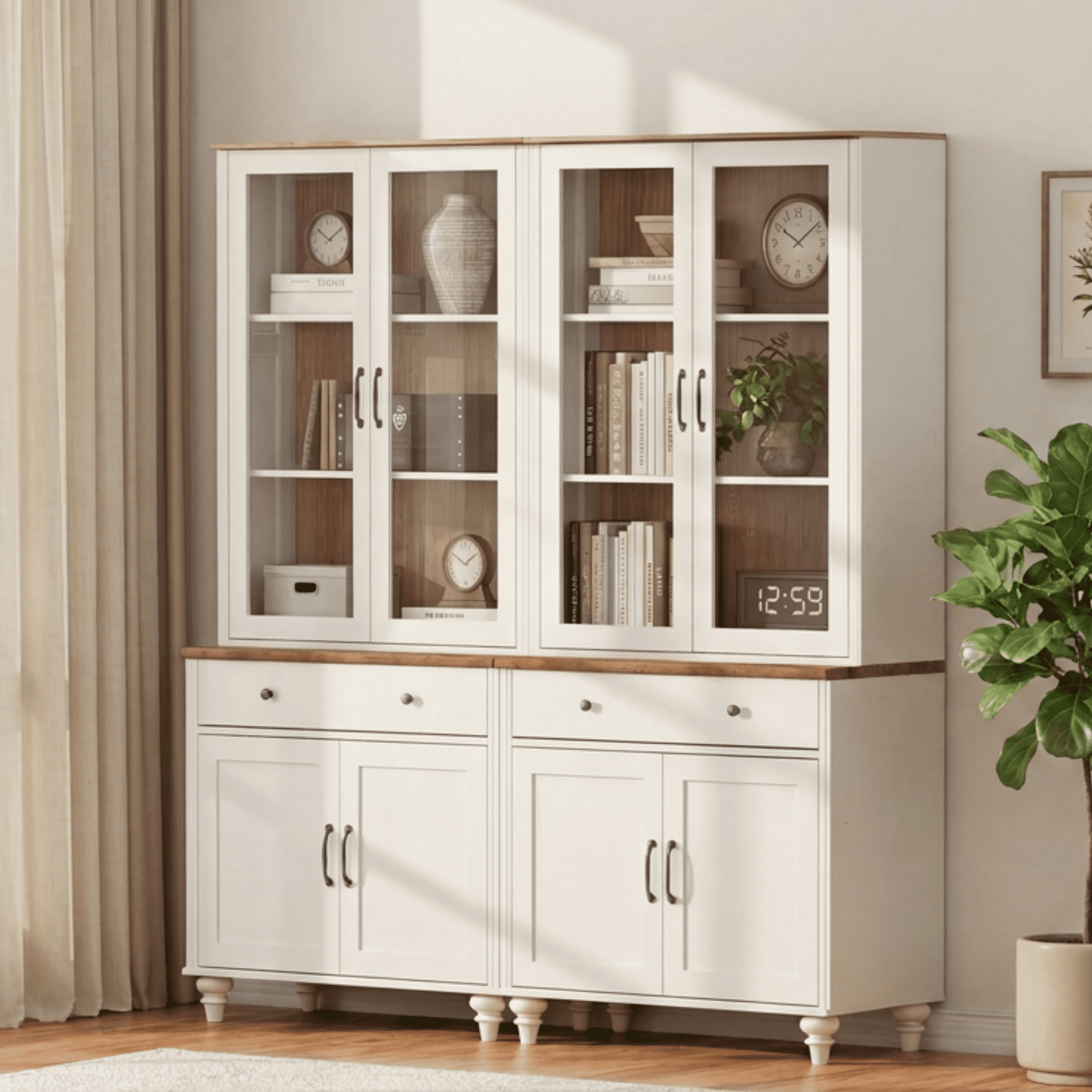 Sideboard Buffet Cabinet with Storage, 5-Tier Bookcase with Glass Doors, Farmhouse Bookshelf with Ample Storage Cabinet, Large Bookshelves for Living Room, Office, Kitchen, White, 72" H