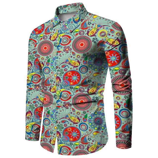 Camisa de hombre de moda con estampado tribal Paisley de talla grande, manga larga, tops ajustados de calle, moda de algodón, ropa de calle vintage