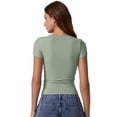 thumbnail image 2 of Camiseta QINSEN de manga corta con cuello redondo para mujer, color verde ahumado, 2 of 6