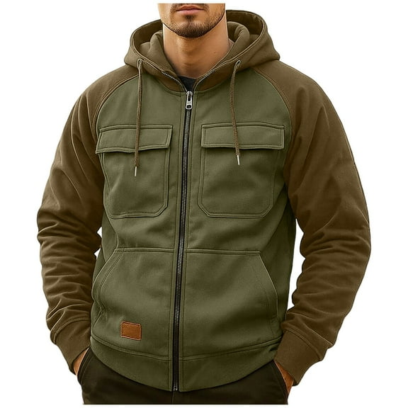 ZVNAΖH Men's Hoodie Full Zip Up Sweatshirt with Pockets Durable and Comfortable Outdoor Cargo Jackets Fashion Patchwork Color Hoodie