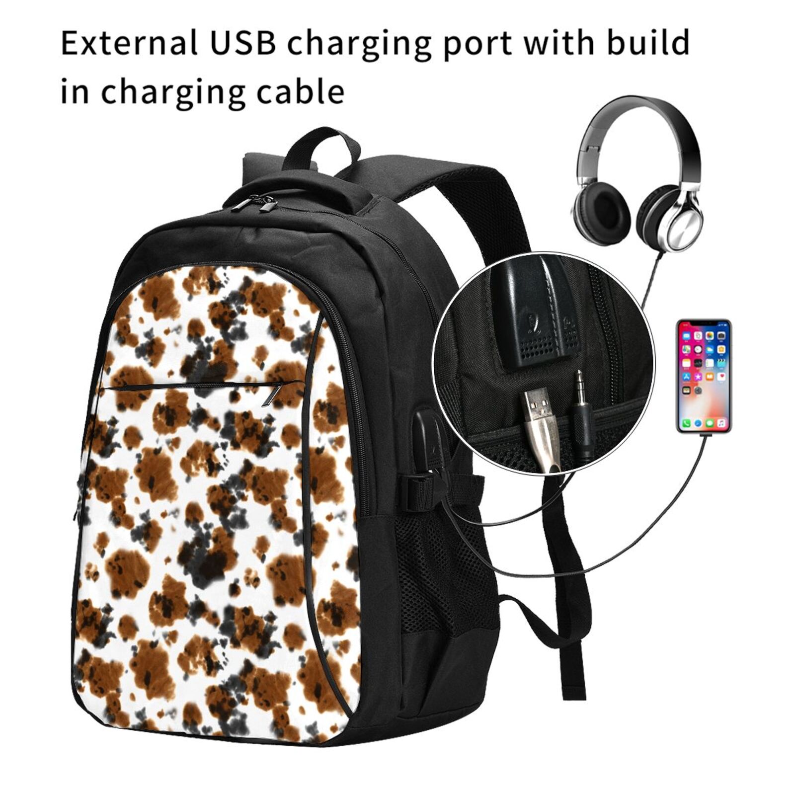 Horeoi Cow Tie Dye Print USB Backpack for Travel School Work with Laptop Compartment Charging Port and Anti-Theft Pocket