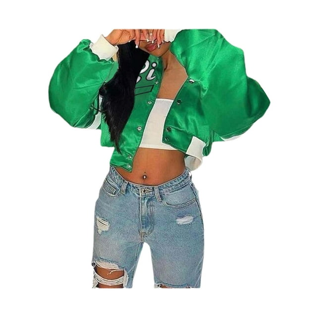 TheFound Womens Crop Baseball Bomber Jacket Long Sleeve Button Vintage Varsity Fall Jackets Coats Y2K Streetwear Green M
