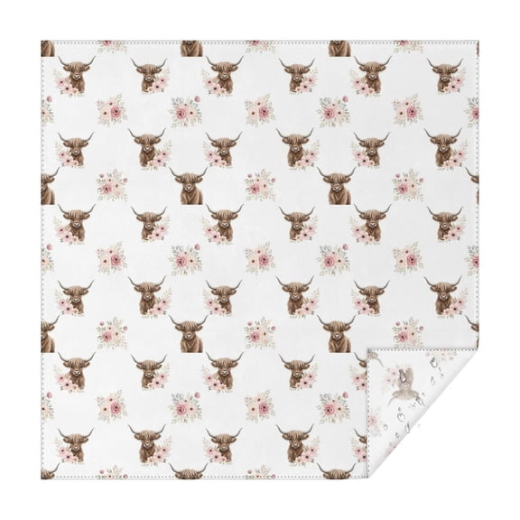 White Highland Cow Flower Pattern Square Tablecloth,Waterproof Square Table Cover,Wipeable Spillproof Washable Table Cover for Home Kitchen Party Decor 42"X42"(107x107cm)
