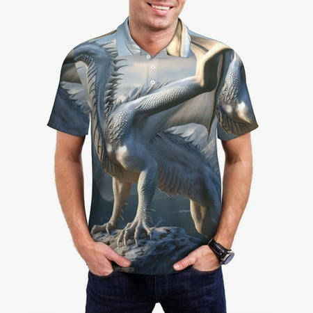 Haiem Mountain White Dragon Pattern Mens Polo Shirts Quick Dry Short Sleeve Golf T Shirt Performance Moisture Wicking Casual Workout-Medium
