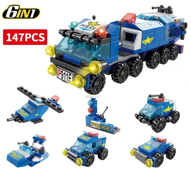 6 In1 Police Team Theme Building Block Set, Deformable Combination Compatible With Lego