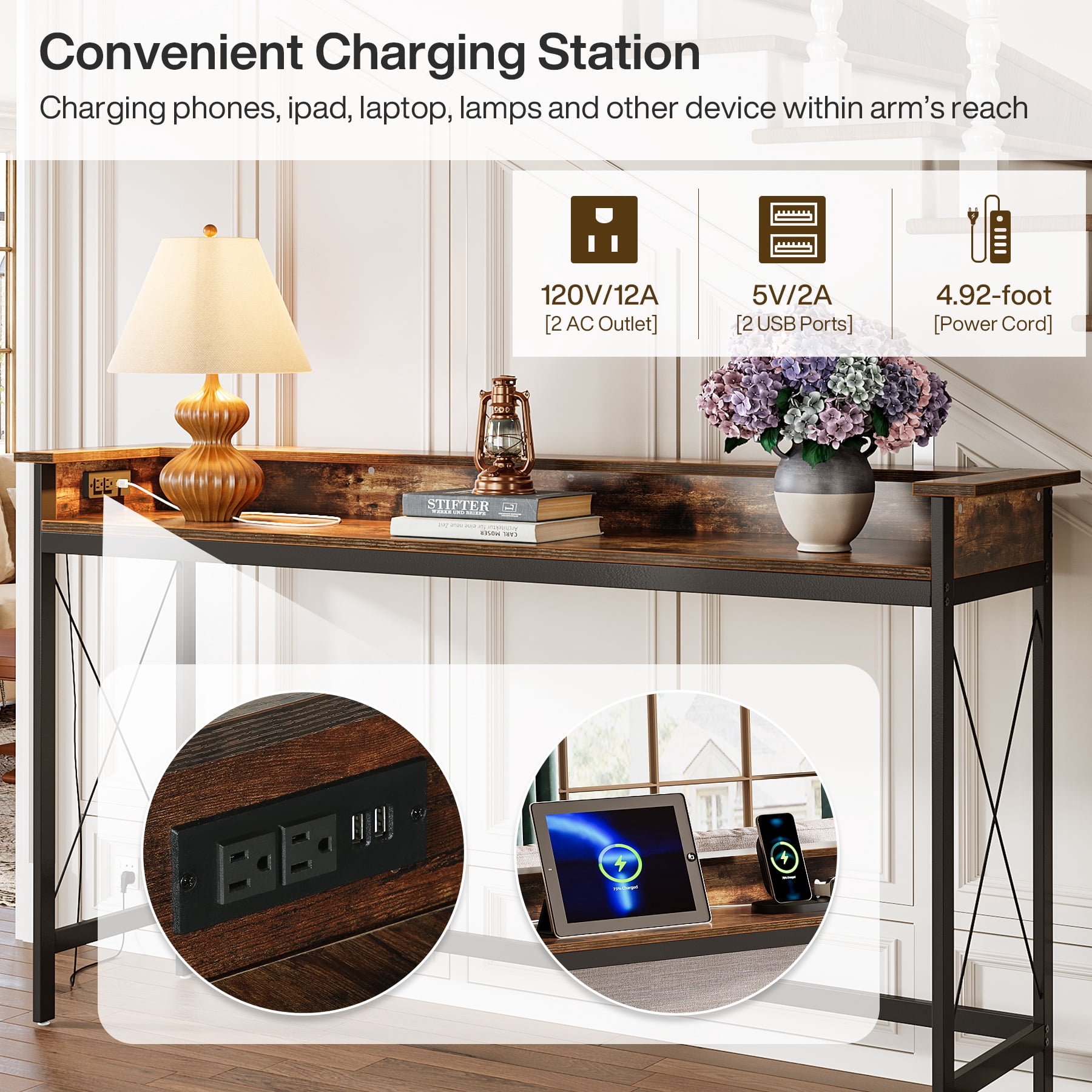 Tribesigns Industrial Sofa Table, 70.9" Long Console Table with Outlets and USB Ports for Entryway, Living Room, Brown