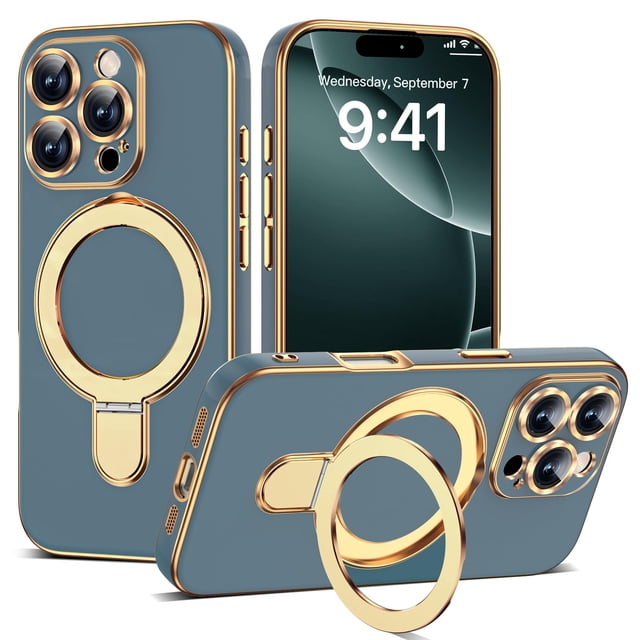 Funda ETPESOK con Acabado Metalizado y Soporte Plegable para iPhone 16 Pro, 6.3", Gris Azul
