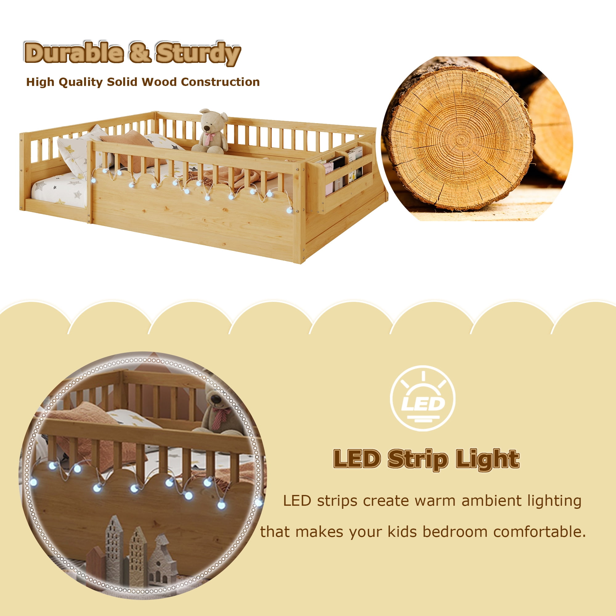 Full Size Toddler Floor Bed Frame, Montessori Floor Bed with Guardrails, Pine Wood Bed Frame for Kids, No Slats Included, Natural