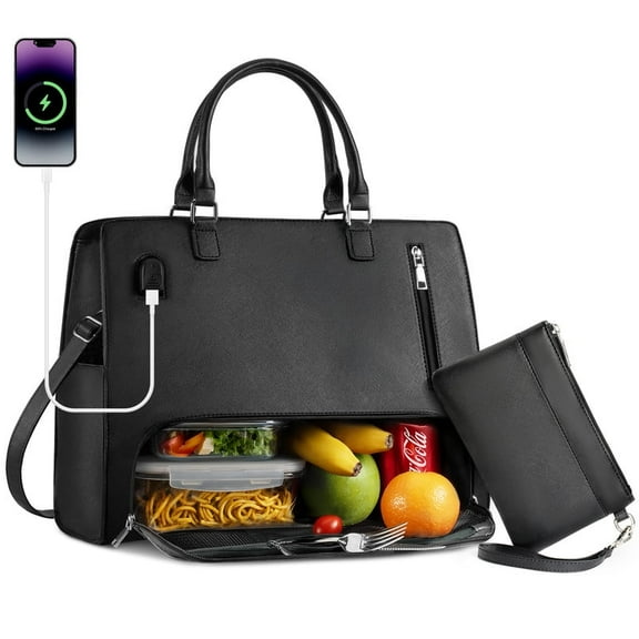 2 in 1 Lunch Tote Bag for Women Laptop Work Bag with Lunch Insulated Compartment and Purse Combo, 15.6 Inch Computer Crossbody bag Waterproof PU Leather Shoulder Bag for Daily, Office, Picnic