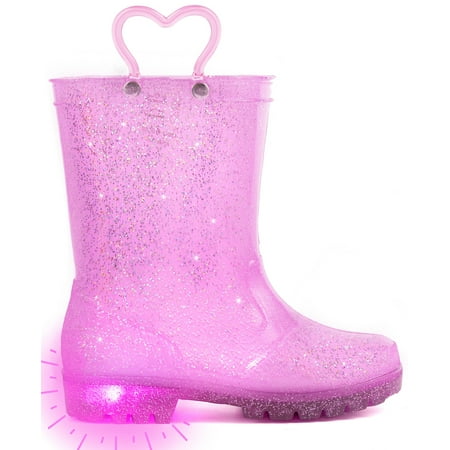 

Toddler Girls Rain Boots Little Kids Baby Light Up Glitter Rubber Waterproof Heart Pink Mud Insulated Shoes Lightweight Adorable with Easy-on Handles Non Slip Size 9