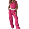 thumbnail image 2 of Birthday Outfits for Women Womens Loungewear Ribbed Set, Cropped T-Shirt Drawstring Wide Leg Pants, Daily Streetwear Sports Outfits L, 2 of 5