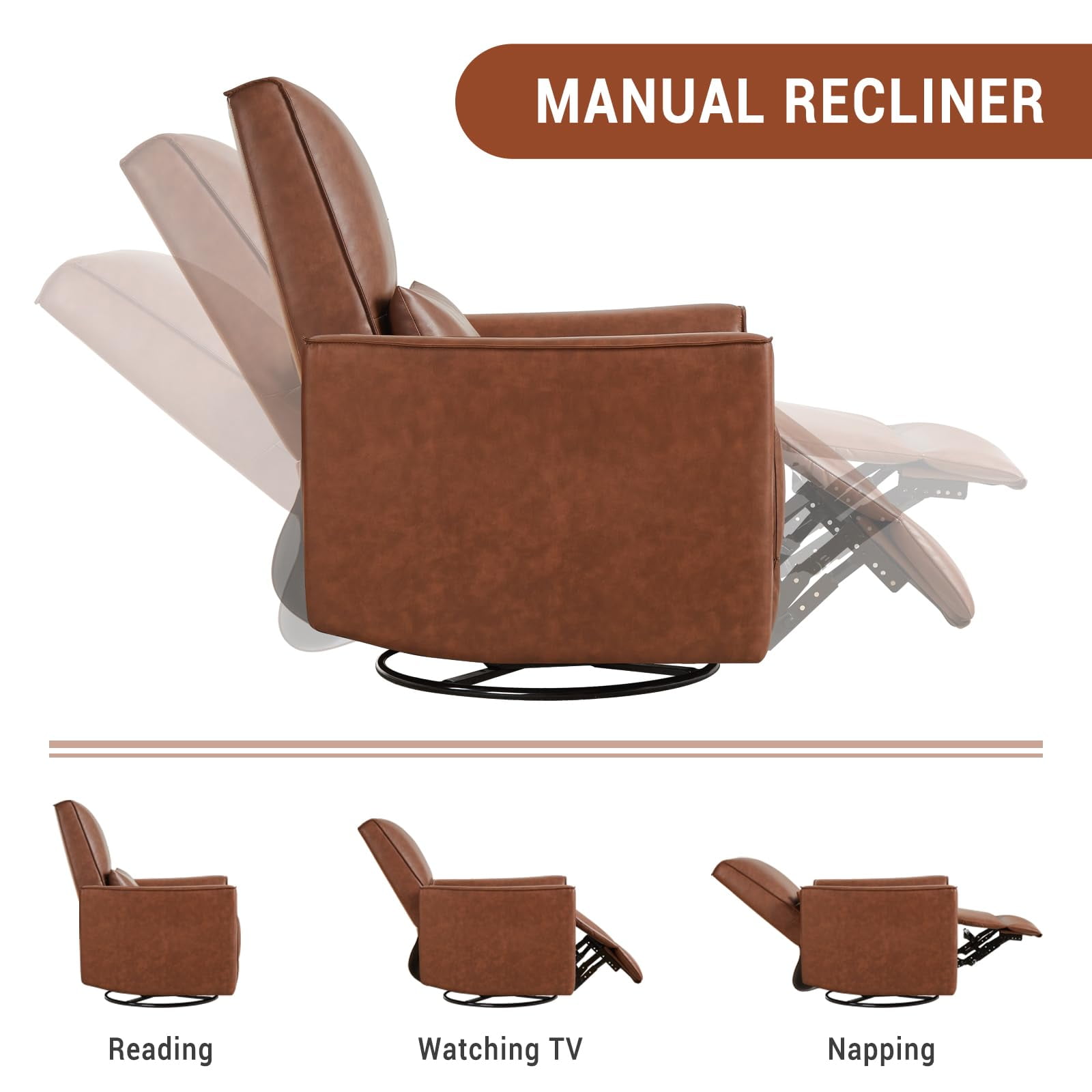 TROPOW 360° Swivel, Rocking Chair Nursery, Glider Rocker Recliner, PU Leather Sofa Chair with high Back, Deep Seat for Nursery, Living Room, Bedroom, Brown
