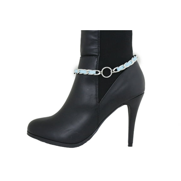 Women Silver Metal Boot Chain Bling Jewelry Ring Shoe Charm Turquoise Blue Fabric Band