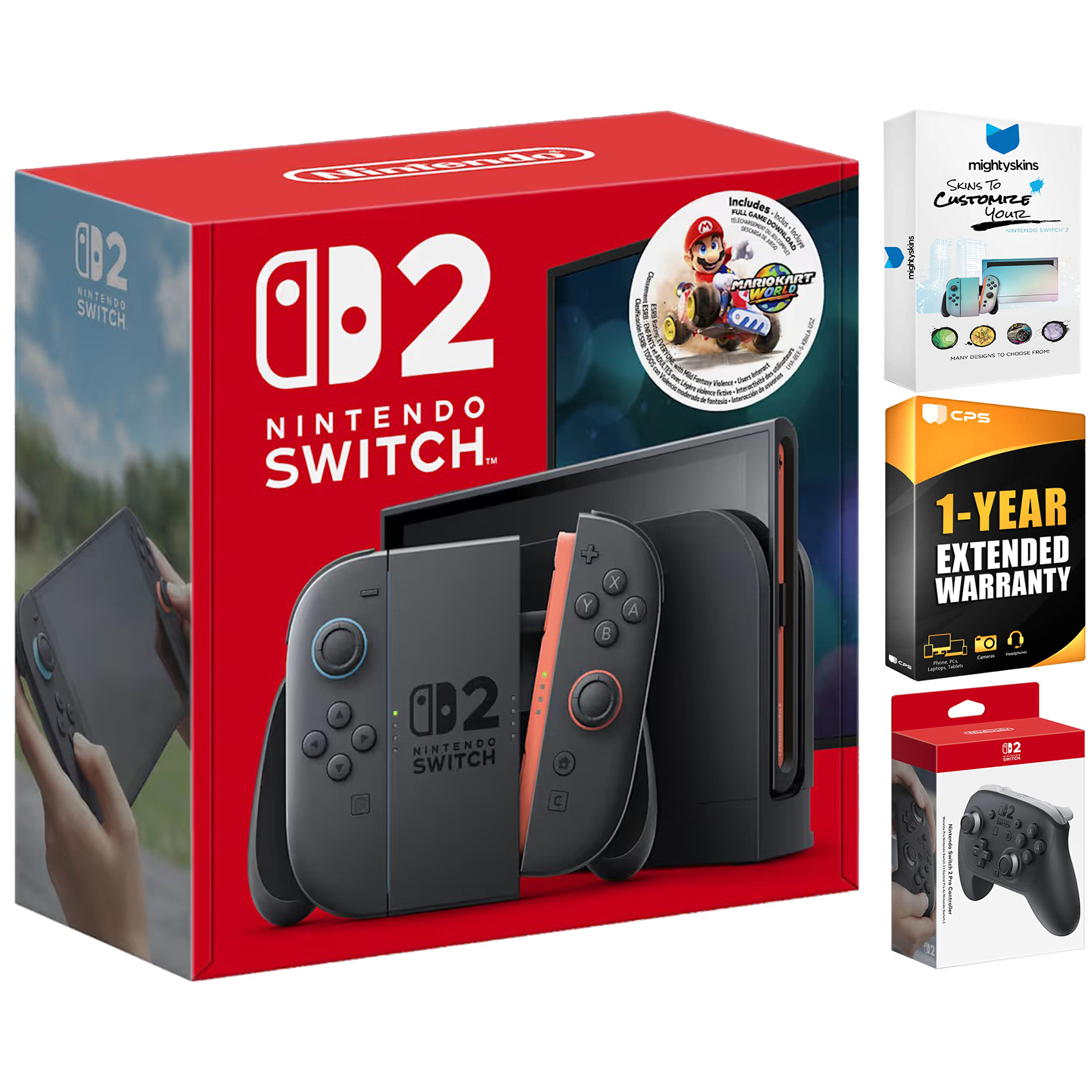 Nintendo Switch 2 Mario Kart World Bundle with Pro Controller, MightySkins Code and 1 CPS Year Extended Warranty