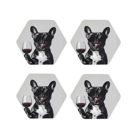 

Coasters Set of 4 - Cool French Bulldog Wine Drink Coasters for Tabletop Protection Leather Coasters for Living Room Decor and Housewarming Gift Hexagon