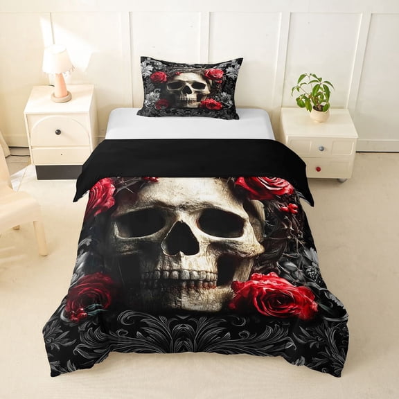 Erosebridal Teens Red Rose Sugar Skull Twin Bedding,Gothic Style Flowers Duvet Cover Set for Boys Girls,Black Reversible,2pcs,No Comforter,Luxury Bedroom Decor