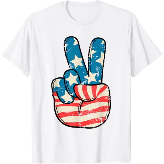 USA Flag Peace Sign Hand 4th of July Patriotic Men Boys T-ShirtMen and women, White T-shirt, size: Extra large