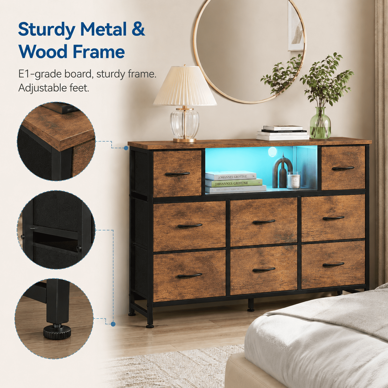 Alvantor Dresser TV Stand for 45, 50, 55 inch TV, Entertainment Center with LED Lights & Charging Station, Chest of Drawers with 8 Fabric Drawers and Open Shelves for Living Room, Hallway, Wood Top