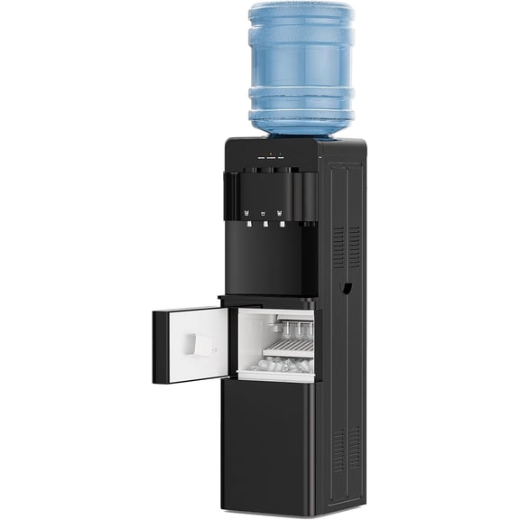 UMOMO 4-in-1 Water Dispenser with Ice Maker, 33lbs/24H, Hot & Cold & Room Temperature Top Loading Water Cooler for 3–5 Gallon Bottles, Child Safety Lock, Water Dispenser for Home, Office, Black